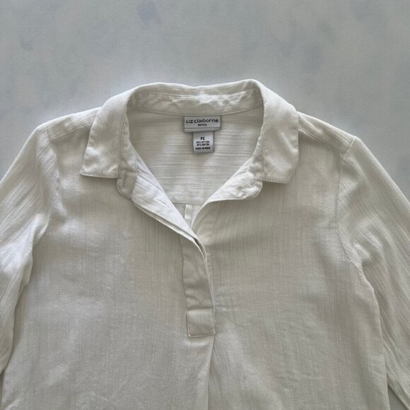 Liz Claiborne Petite White Cotton Button V-Neck Long Sleeve Cover Up Blouse - Picture 3 of 7